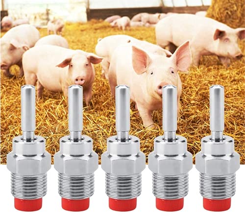 Pig Nipple Drinker Waterer,Stainless Steel,5 pcs | Thread Design,Red Cap,Long Rod,For Sows & Piglets