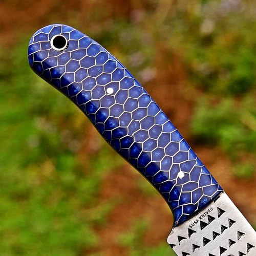 Custom Handmade 7'' fixed blade hoof rasp knife/Cow boy knife/Bull cutter Cowboy knives with pancake leather sheath (BLUE CONE) - color: BLUE CONE