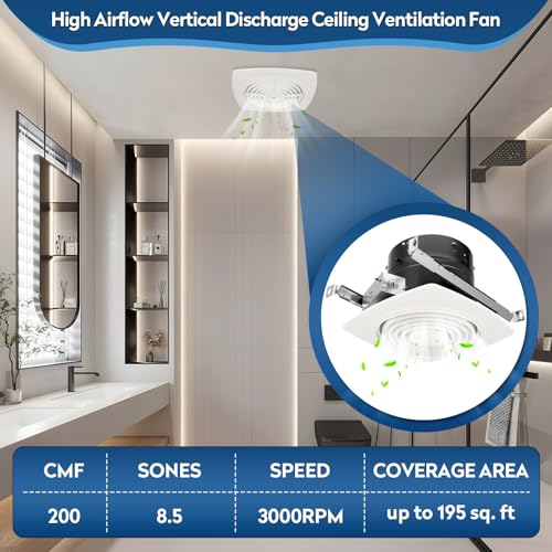 505 8 Inch 200 CFM Bathroom Exhaust Fan Ceiling Exhaust Fan | Vertical Discharge Kitchen Exhaust Fan, Bathroom Vent Fan for Attic Garage Laundry Room Home Ventilation