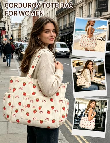 Corduroy Tote Bag for Women, Cute Floral Tote Bag with Zipper, Large Shoulder Handbag with Multi-Pockets for Work Travel Gym - color: Strawberry