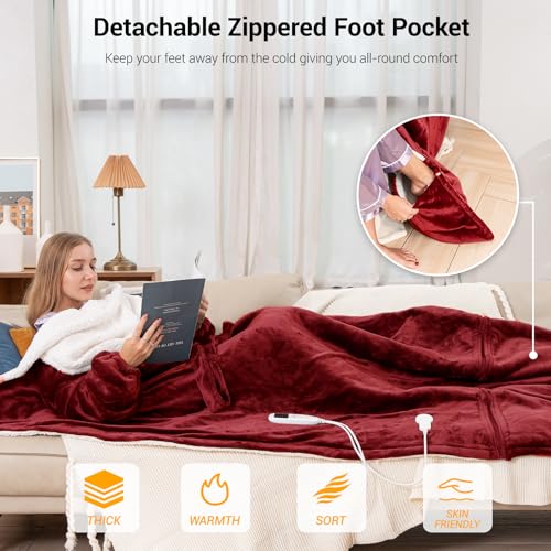 Wearable Heated Blanket Electric with Removable FootPocket,Snuggle Heated Blankets Hoodie with Sleeves Heated Robes for Women Flannel&Sherpa Heating Throw Blanket Shawl with 9 Temp for Winter 50"x80" - color: Burgundy, size: 50"×80"