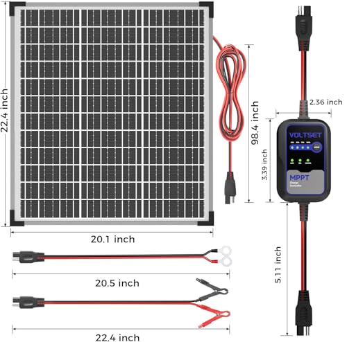 Voltset 50W Solar Panel Kit 12V Solar Battery Trickle Charger & Maintainer | MPPT Charge Controller | Waterproof Solar Panel Battery Charger | for Car RV Boat Marine Trailer | Adjustable Mount Bracket - size: mppt 50w