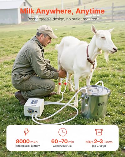 VEVOR Goat Milking Machine, 3.2 Gal / 12 L Food-Grade Stainless Steel Bucket, 4 Teat Cups for Cows and Goats, with 8000 mAh Rechargeable Battery, Electric Pulsation Milking Machine Portable Milker - size: 12L+Portable