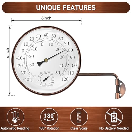 6 Inch Outdoor Thermometer and Humidity Gauge, Brass Analog Dial | Window Thermometer for Outside Temperature & Humidity Monitor, Battery Free for Patio Garage Greenhouse Garden Wall - color: Brass, size: 6 Inch