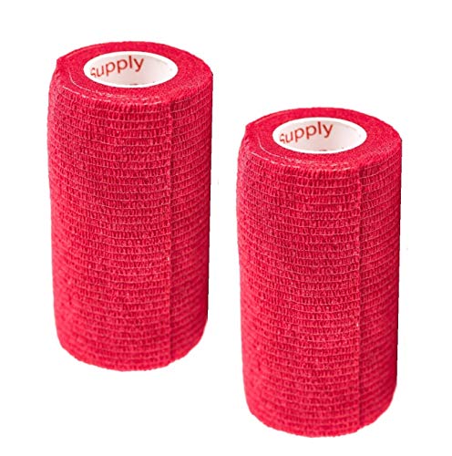 Vet Wrap Tape (Red) (2 Pack) (3 Inch x 15 feet) Self Adhesive Adherent Adhering Cohesive Flex Self Stick Bandage Grip Roll Dog Cat Pet Horse - color: Red, size: 2 Rolls