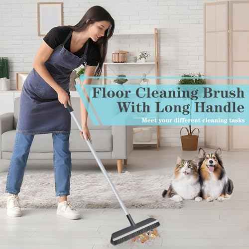 Floor Scrub Brush for Cleaning Bathroom,Kitchen,Patio,Tile,Garage and Deck | Adjustable Long Handle; 2-in-1 Scrape and Heavy-Duty Stiff Bristle; Hanging Hook; Dureable;