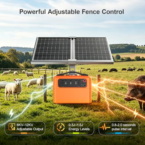 30 Miles Solar Electric Fence Charger, 15W Solar Powered Electric Fence Kit with 6–12KV & 0.3–1.5J Adjustable Output, Battery Level LCD Display, All-Weather for Livestock, Farm, Garden