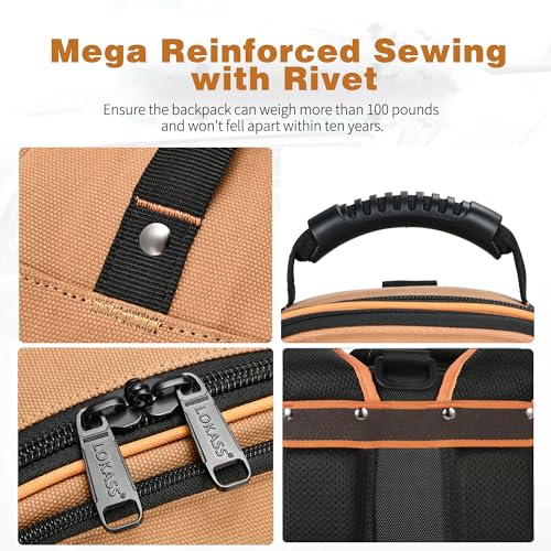 Tool Bag Backpack with 2 Canvas Tool Pouch Tool Kit, 75 Pockets & Loops Heavy Duty Tools Organizer/HVAC Tool Carrier for Eelectrician/Construction Work with Molded Base and Combination Lock, Brown - color: Brown2