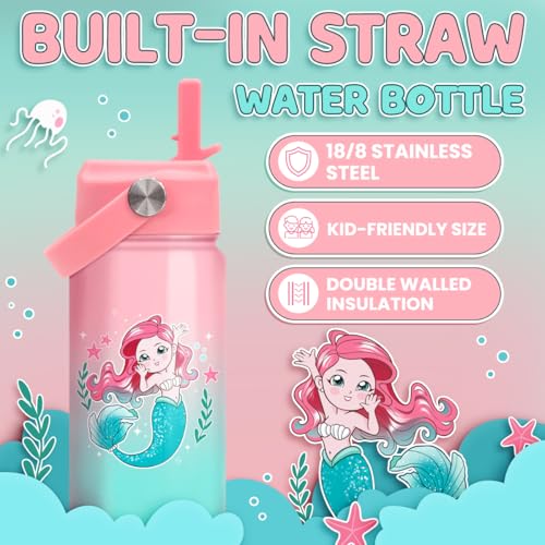 SANDJEST Mermaid Water Bottle for Girls - Kids Water Bottle with Straw Lid - 12 Oz Insulated Stainless Steel Water Bottles - Travel Cup for School Sports - color: Mermaid 2