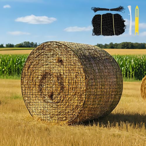 5×5 FT Round Bale Hay Net for Horses & Goats, Heavy Duty Knotless Slow Feed Hay Nets, 1.75" Mesh, Weather Resistant Round Bale Net with Repair Kit for Pasture and Barn - size: 5*5FT