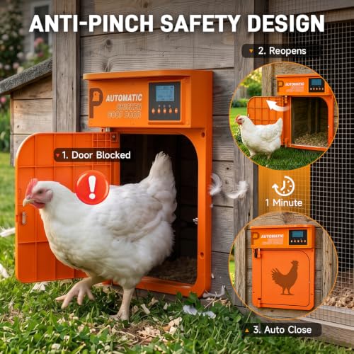 Automatic Chicken Coop Door with Solar Panel | Upgrade Door Opening, Anti-Pinch, Remote Control, Timer & Light Sensor, Weather Proof, 4 Modes, Easy Install - color: Orange