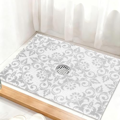 Square Shower Mat Non Slip: 32 x 24 Inch Extra Large Shower Mats with Drain Hole in Middle - PVC Loofah Anti Slip Shower Floor Matt for Inside Shower - color: Geometric Line, size: 32" x 24" (Rectangular)