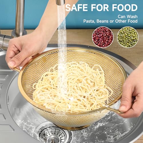 Gold Strainer for Kitchen, 3QT, Stainless Steel Colander with Handle for Fruits Vegetables Cooking Food, Dishwasher Safe - size: 3QT