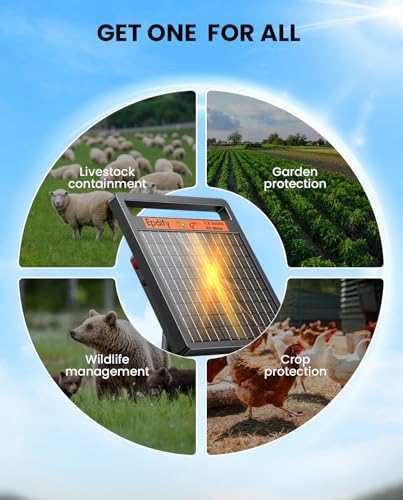 Solar Electric Fence Charger LD02, 1.2J with Short Circuit Alarm | 8W High-Efficiency Solar Panel • Solar + AC Backup • 10000mAh Long Runtime • 45-Mile Coverage • Sealed Magnetic Switch