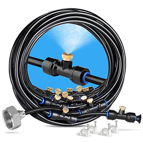 HOMENOTE Misting Cooling System, 42FT(13M) Pre-Assembled Mister Kit | 15 Brass Nozzles & 3/4" Brass Adapter, Cooling Mister for Patio, Backyard, Pets, Garden & Greenhouse - size: 42FT / 13M