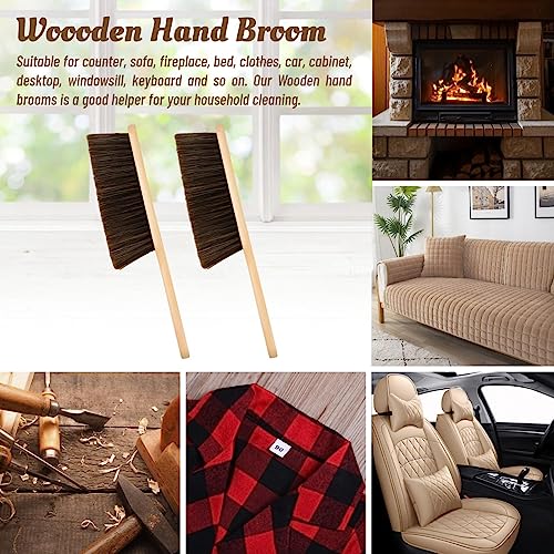 2 Pieces Woooden Dust Brush Hand Broom Bench Brush with Long Wood Handle Whisk Broom Soft Bristle Brush for Counter Bed Sofa Car Fireplace Clothes Household Cleaning - color: Brown