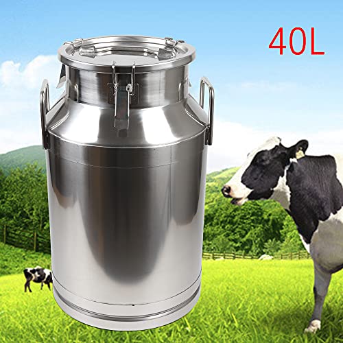 Milk Can Milk Bottle, 20/30/ 40/50/ 60L Stainless Steel Heavy Duty Milk Jug Wine Pail Bucket Square Liquid Container Storage with Embedded Silicone Sealed Lid for Home Restaurant Bar Silver (40L) - size: 40L