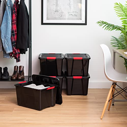 IRIS USA 4-Pack 40 Quart Storage Bins with Lids, Black | Black finish conceals stored items. Perfect for moving, blankets, clothing, and garage storage. Nestable design saves space - size: 40 Qt, style: 4 Pack