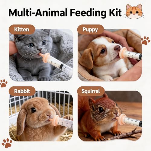 Kitten Bottle Feeding Kit, with Kitten Feeding Syringe, Includes Nipples and Formula Dispenser, Ideal for Newborn Kittens and Small Animals