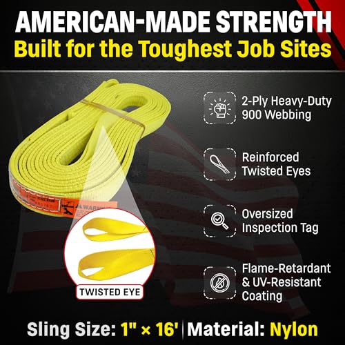 DD Sling 1 Inch x 16 Foot Nylon Lifting Sling – USA Made, 3,200 lb Vertical, 2,600 lb Choker, 6,400 lb Basket – 2-Ply Heavy Duty 900 Webbing, Type 4 Twisted Eye & Eye Rigging Sling - size: 1 in x 16 ft