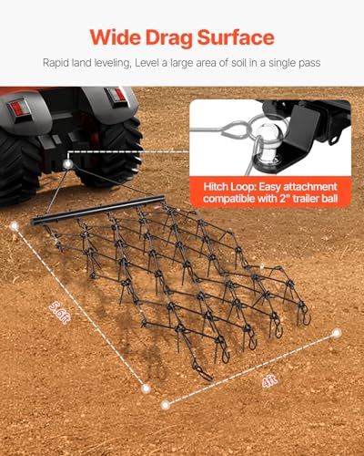 VEVOR Drag Harrow, 4 ft x 5.6 ft Durable Chain Harrow with 80 Sharp Teeth, Suitable for ATV UTV Tractor, Ideal for Soil Preparation, Seeding, Smoothing Landscapes, and Yard Gravel Driveway Maintenance - size: 4 x 5.6 ft