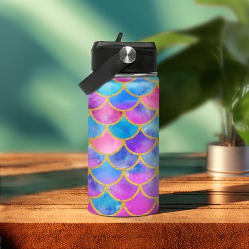 SANDJEST Mermaid Water Bottle for Girls Kids Kid Insulated Water Bottles 12oz Stainless Steel Travel School Tumbler Double Wall Vacuum Cup with Straw - color: Mermaid Scale
