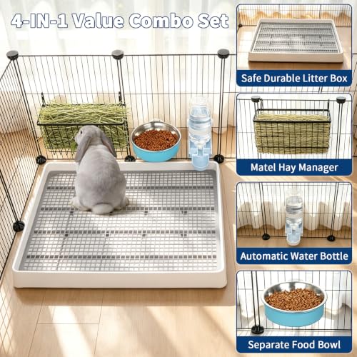 FHTONGE 4 in 1 Ultra Large Rabbit Litter Box with Feeder Combo Set for Cage | Metal Hay Rack, Water Bottle, Food Bowl, Low Entry Trainer Tray, Bunny Toilet and Feeder for Small Animal Rodent Ferret Rat - size: 22x18x3"(58x46x9cm)
