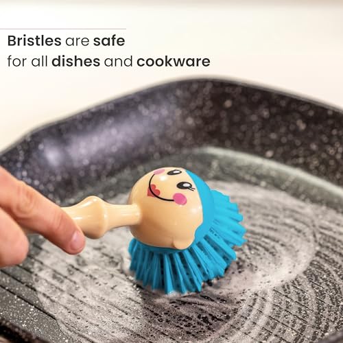Vigar Dolls Dish Brush with Handle and Holder, Gray, Blue | Dish Scrubber, Kitchen Scrub Brush, Dishwashing Brush Tool for Kitchen Sink Cleaning, Cute Standing Design - color: Gray, Blue