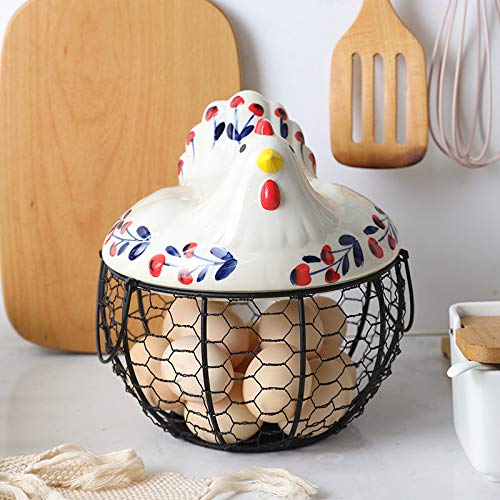 Chicken Design Ceramic Egg Storage Basket Iron Basket Holds 20-25 Eggs, Egg Holder, Organizer Case, Container Egg Basket Holder - color: cherry with black basket
