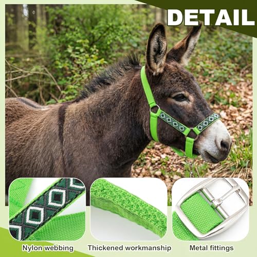 1 Set Mini Donkey Halter with Lead Rope Adjust, Bright Green | Nylon Head Collar, Cute and Stylish, for Miniature Donkey and Small Equines, Farm Ranch Pasture Outdoor, Gingham Plaid Trim - color: Bright Green