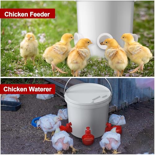 Potchen 25 Sets Chicken Feeder and Water Cup Kit, Quail & Chick Port Feeder and Automatic Chicken Waterer with Hole Opener, Drill, DIY Waterer for Various Poultry