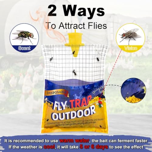 4 Big Fly Bags Outdoor Traps Hanging for Patio - Pre-Baited, Disposable | Fly Catcher Killer Repellent with 4*50g Bait for Outside in Chicken Coop, Horse Barns | Easy to use | Durable | Effective - size: 4 pack