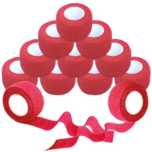 12 Pack Self Adhesive Wrap Bandage - Vet Wrap for Pets, Stretch Self-Adherent Cohesive Tape Breathable Athletic Tape Rolls (1 Inches x 5 Yards Each, Red) - color: Red