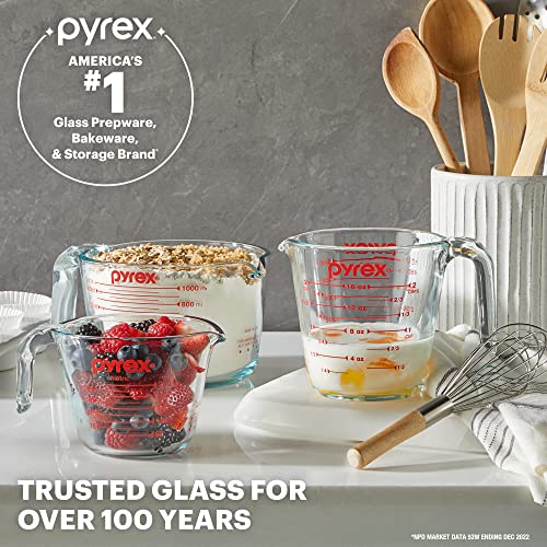 Pyrex 4 Cup Glass Measuring Cup For Baking and Cooking | Preheated oven, dishwasher, freezer, and microwave safe - size: 4 Cup