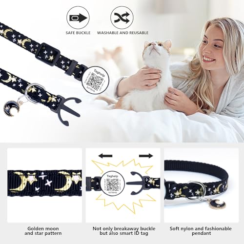 The Ultimate QR Code Pet ID Collar 4-Pack | Breakaway Adjustable Cat Collars with Secure Online Profile | Never Lose Your Cat with Cute Moon & Stars Design (Star & Moons - 4 Pack) - color: Star & Moons - 4 Pack