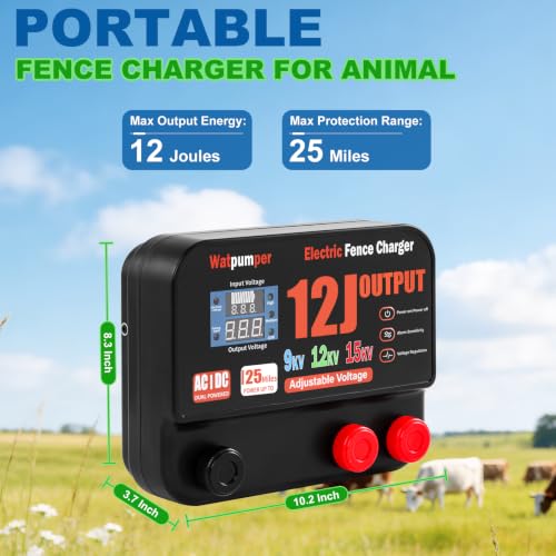 13 Joule Electric Fence Charger, 13 Joule Stored / 12 Joule Output Electric Fence Energizer, Adjustable 9KV 12KV 15KV Output Voltage, Range 25 Miles, Dual Power 12V DC / 100-240V AC, with Alarm