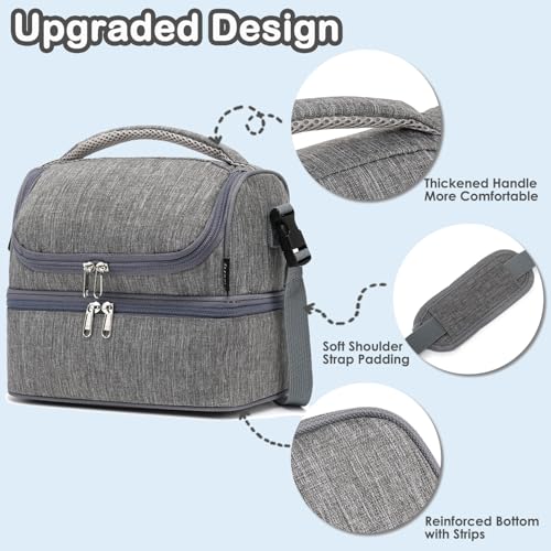 FlowFly Double Decker Cooler Insulated Lunch Bag Large Tote for Boys, Girls, Men, Women, With Adjustable Strap (Grey) - color: Gray