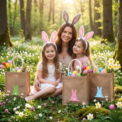 Honeydak 4 Pcs Easter Baskets for Kids Bunny Burlap Easter Tote Gift Bags with Handle Jute Stripe Rabbit Gift Bags for Kids Egg Hunt Game Spring Party Supplies - style: Polka Dot Bunny