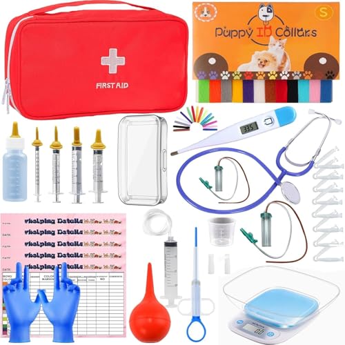 Puppy Kitten Whelping Supplies, Whelping kit for Puppies Birth,Kitten Supplies,Dog Supplies,Puppy kit,Kitten Bottle Feeding kit for New Born Puppy Supplies and Kitten (with Small Animals Scales) - color: red