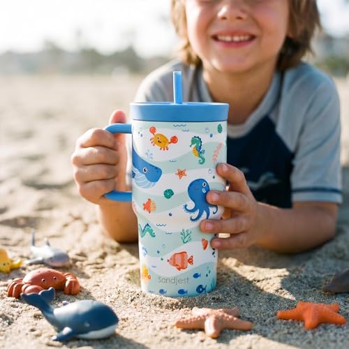 SANDJEST Sea Animals Stainless Steel Tumbler 20oz with Handle and Silicone Straw Locking Lid for Kids Boys Girls, Birthday Christmas Back to School - color: Sea Animal