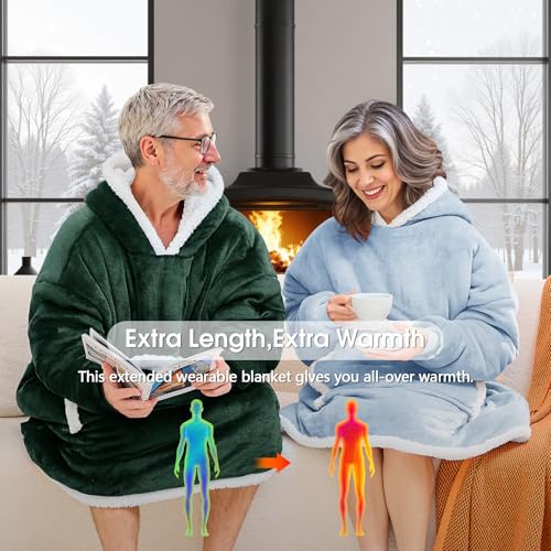 JOYWOO Green Oversized Wearable Blanket Hoodie, Cat lovers Long Hoodie Blanket for Adult,Birthday Gifts for Women Mom Grandma,Cozy Sherpa Hooded Blanket Giant Pocket Winter Gifts,Dark Green,Oversize - color: Dark Green, size: Oversize