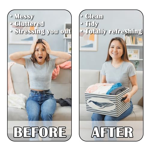 Coastal Beach Whale Storage Bins Box with Handles, Blue Striped Beachy Ocean Whale Marine Biology Collapsible Basket Organizer for Bedroom Bathroom Books Clothes - color: Color09