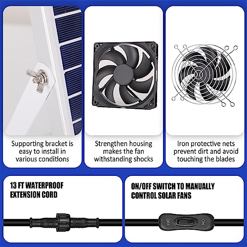 5 Inch Solar Powered Fan, Solar Exhaust Intake Fan Kit, IPX7 Waterproof Dual Fans with 13Ft On/Off Switch Cable, Cooling Ventilation for Greenhouse, Chicken Coop, Shed, Outside No Battery - size: 5" Fan 2 Kit