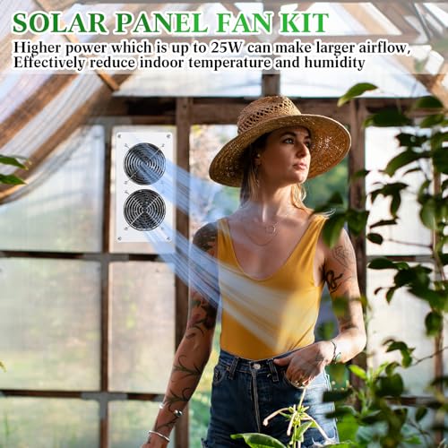 Rossesay 1 Set 25W 12V Solar Powered Fan for Chicken Coop Waterproof Solar Panel Exhaust Fans USB Portable Metal Shell for Shed Greenhouse Outside Air Ventilation Pet Dog House