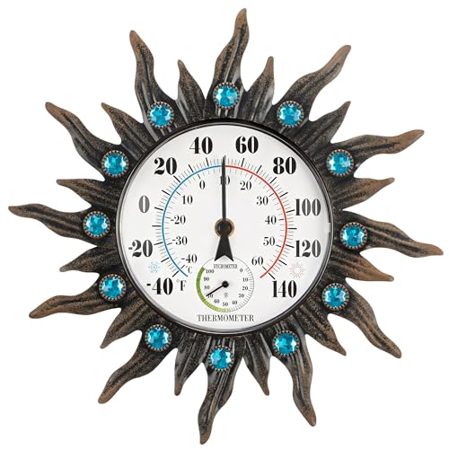 Outdoor Thermometer with Hygrometer, 12.4" Retro Sun Wall-Mounted Decor | Outdoor Waterproof Decor for Patio, Garden, Yard, Balcony, Garage, Indoor Room, Large Easy to Read No Batteries Required
