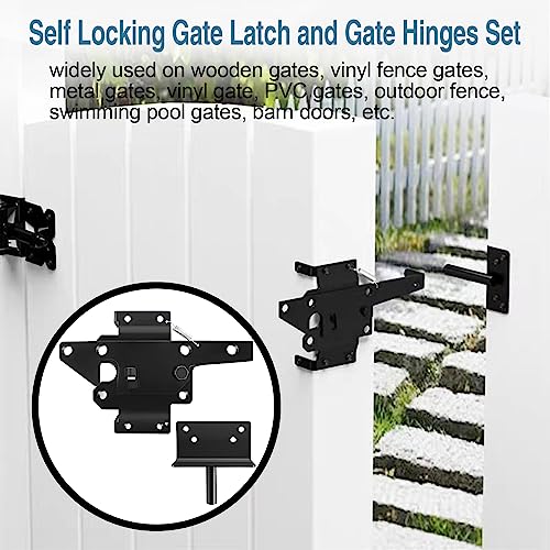 Self Locking Gate Latch and Gate Hinges Set Heavy Duty Hardware Hinges for Vinyl and Wood Fence with Installation Screws and Swing Adjuster Tool Heavy Duty 1 Gate Latch 2 Gate Hinge