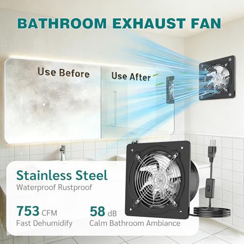 10 Inch Wall Mount Exhaust Fan, Metal Ventilation Fan with High Airflow, Suitable for Garage, Bathroom & Attic Spaces, Black - color: Black, size: 10inch