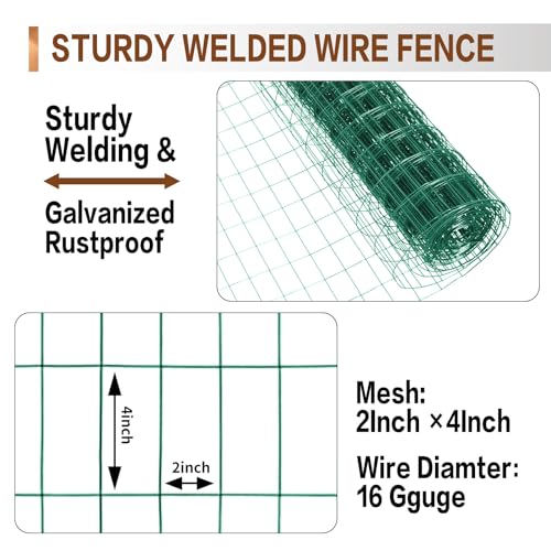 Tongmo 2 ft x 100 ft Green PVC Coated Welded Wire Fence, 16GA Garden Chicken Wire Fence Roll, Mesh Size 2" x 4" Hardware Cloth, Ideal for Yard Protection and Poultry Netting - color: Green, size: 2ft*100ft