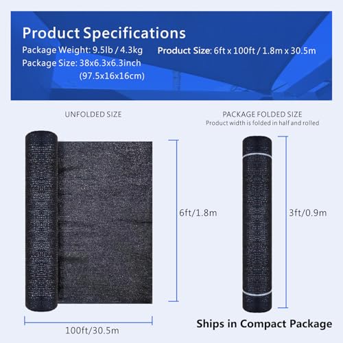 60% Shade Cloth Roll 6ft x 100ft - HDPE Sun Shade Fabric Roll, UV Block Cuttable Shade Mesh for Garden, Greenhouse, Patio, Pergola - Black Outdoor Sunblock Shade Netting - size: 6 x 100 ft