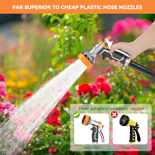 Garden Hose Nozzle, Heavy Duty Metal Water Hose Nozzle with 8 Adjustable Spray Patterns, High Pressure Hand Sprayer with Flow Control for for Garden Watering, Car & Pet Washing - color: Orange